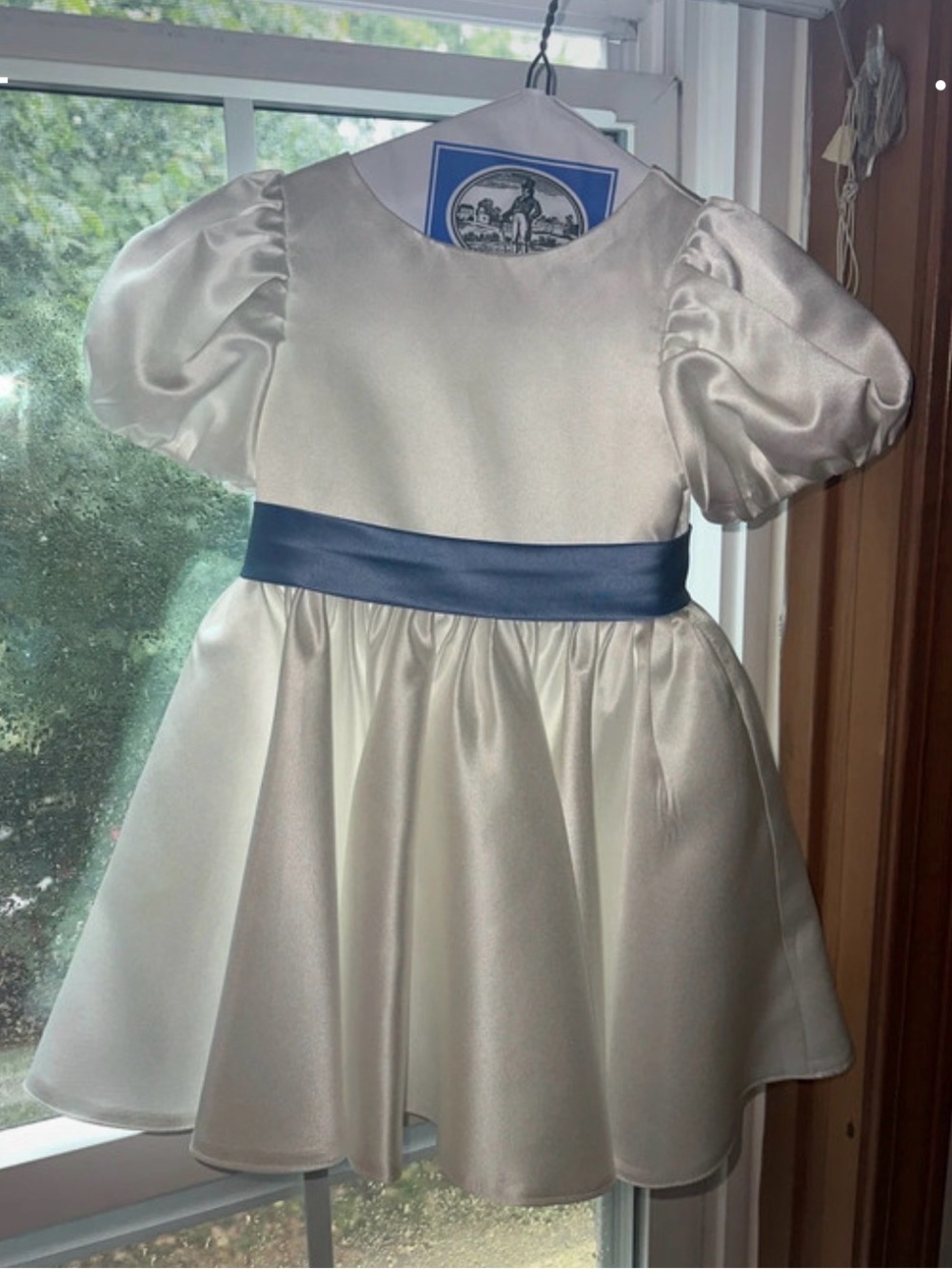 JJs House Ivory Satin Girl's Party Dress with Navy Waist Sash